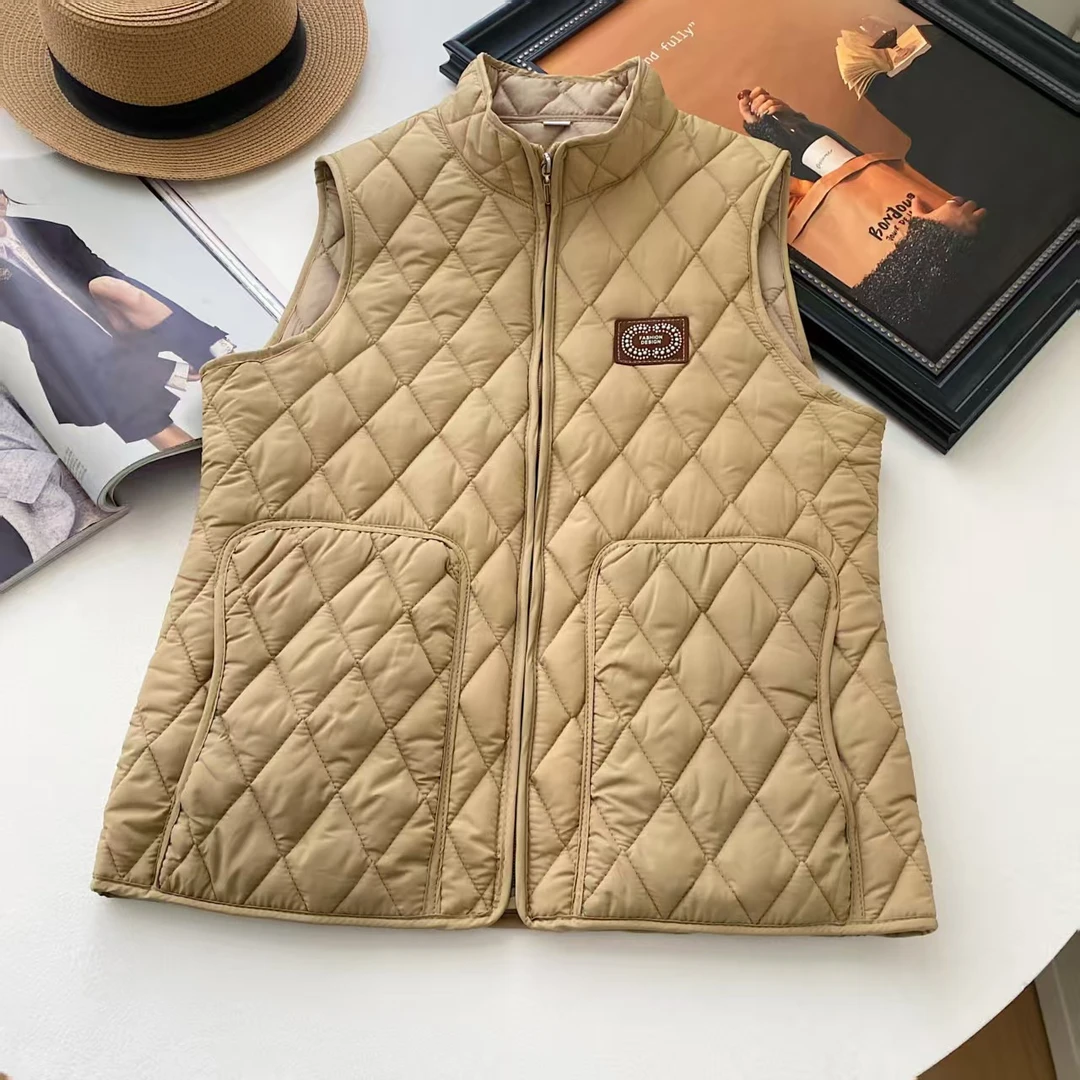 女士立领马甲2025菱形格9夹棉加厚马夹棉服秋冬保暖时尚休闲坎肩