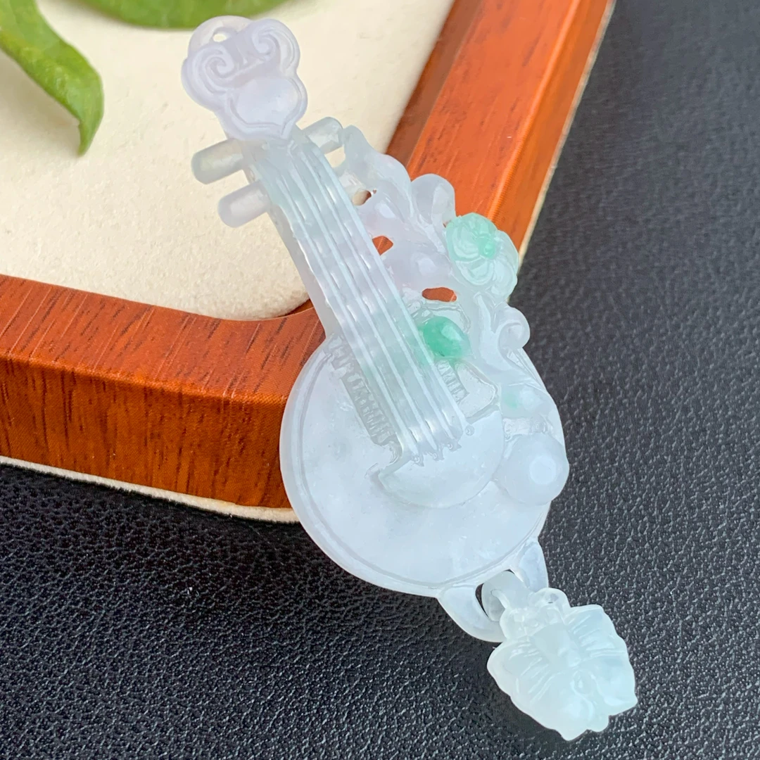 【自然光实拍】清澈 天然翡翠A货冰飘绿紫古琴吊坠 定制毛货未抛光