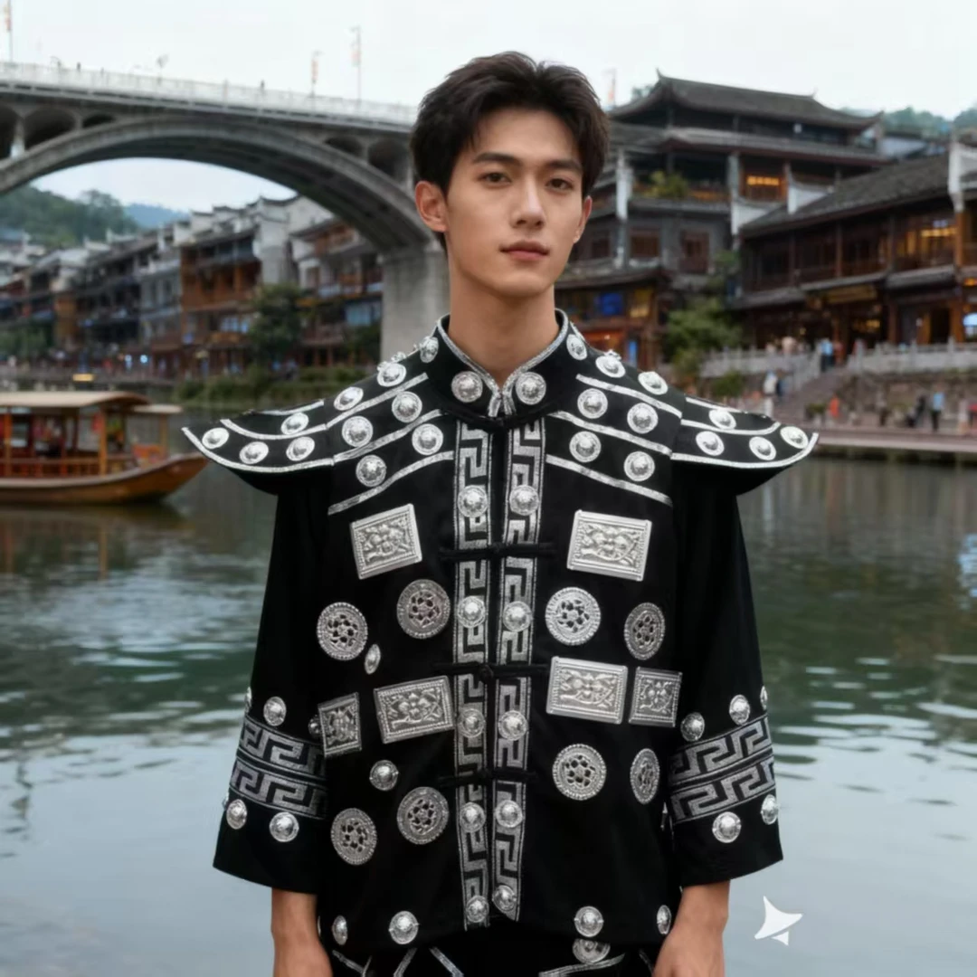美式撞色男士民族风外套上衣时尚复古休闲潮流黑色布依族壮族服饰