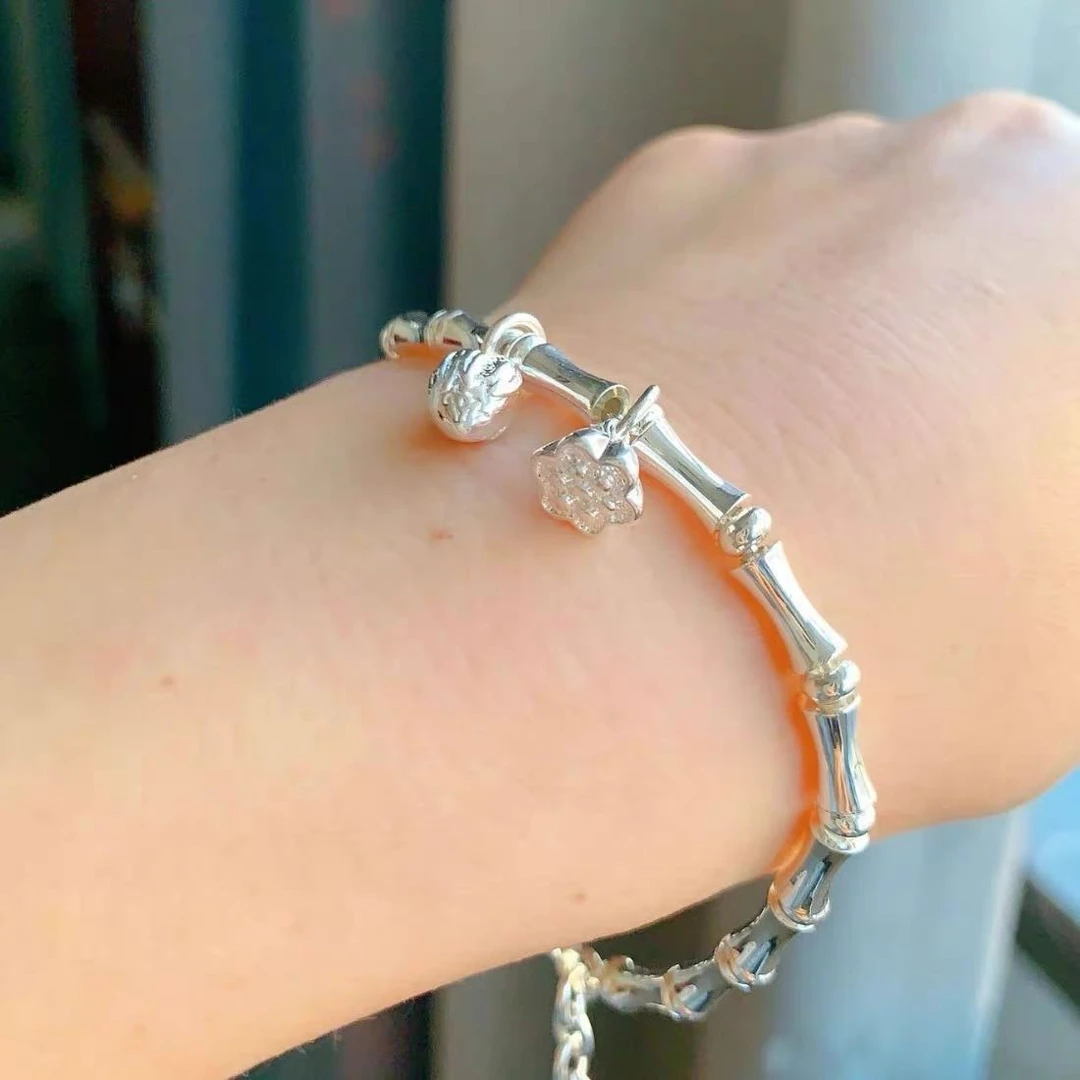 足银手链 竹节两世欢手链足银实心手链节节高升百搭时尚