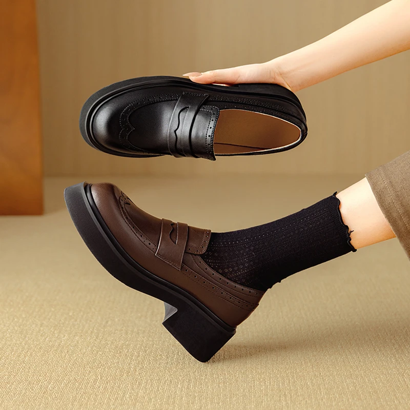 菓苒5.5cm中跟春季粗跟乐福鞋日系厚底单鞋英伦风真皮女鞋小皮鞋