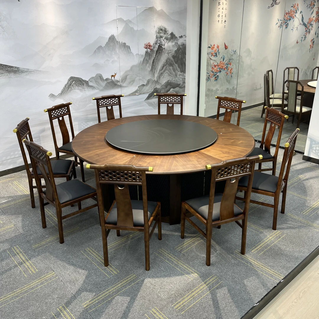 新中式实木岩板酒店餐桌饭店大圆桌饭店包厢会所15人20人餐厅桌椅