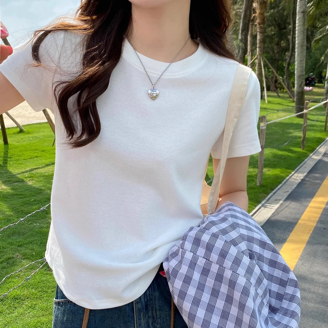 白色正肩t恤女短袖夏季2025新款宽松内搭纯色显瘦华夫格半袖上衣