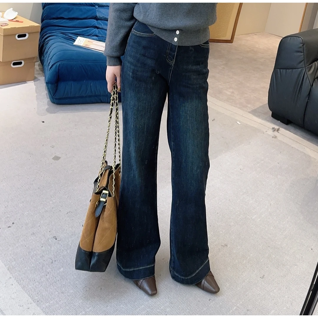 【欧加粒粒】中蓝色加厚磨毛窄版阔腿牛仔裤冬季新款显瘦直筒 N887