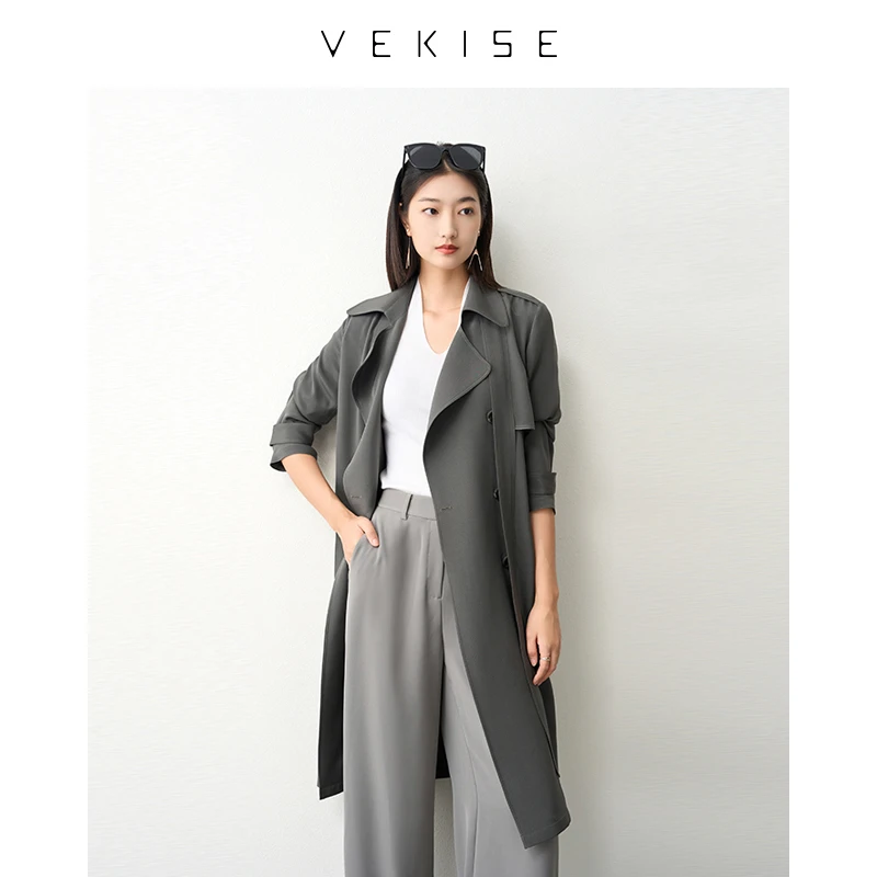 重磅真丝长款风衣女时尚气质收腰系带高端双排扣大衣外套