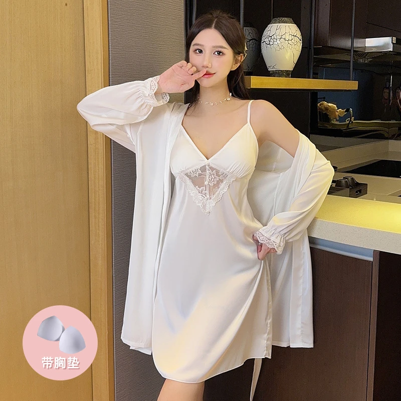 法式轻奢睡衣套装家居服女夏季长袖睡袍胸垫性感吊带睡裙两件套