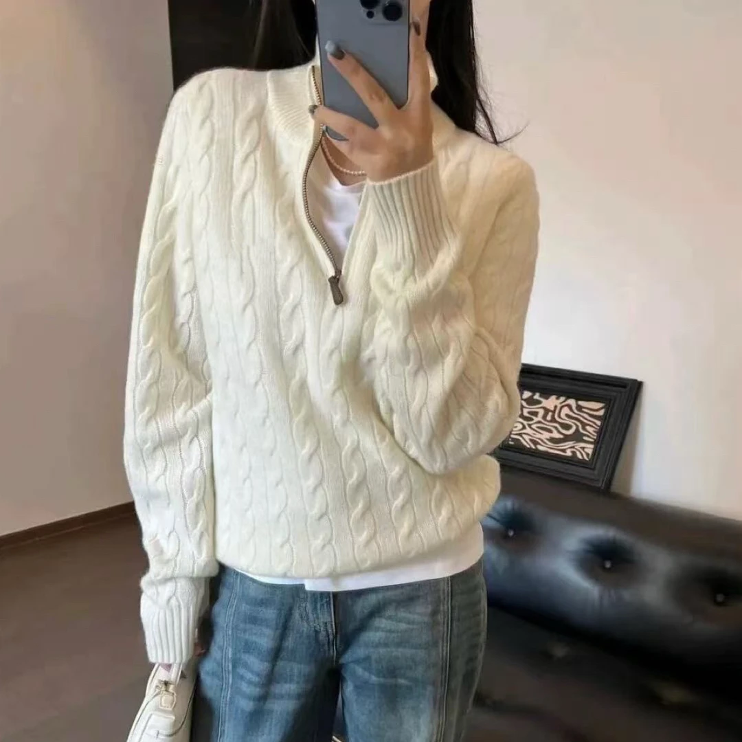 老钱设计感立领半拉链麻花针织衫女宽松慵懒风百搭上衣4353