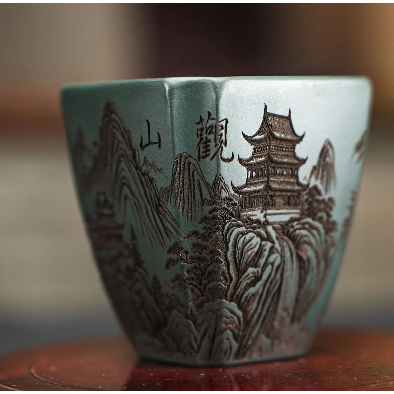 7174宜兴紫砂手工雕刻观山四方抽角民国绿陶瓷主人杯NX茶具茶杯