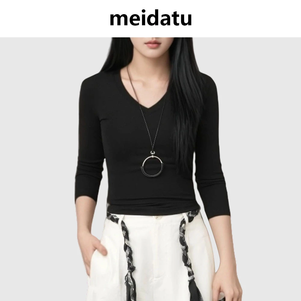 美哒兔（绵绵T）百搭基础款v领七分袖（小个子版）CD776-J