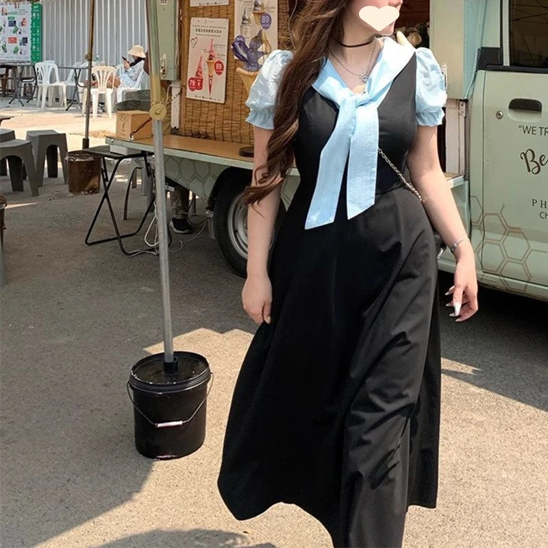 A2025胖mm新款大码女装法式优雅拼接设计夏收腰显瘦中长A字纯色捻