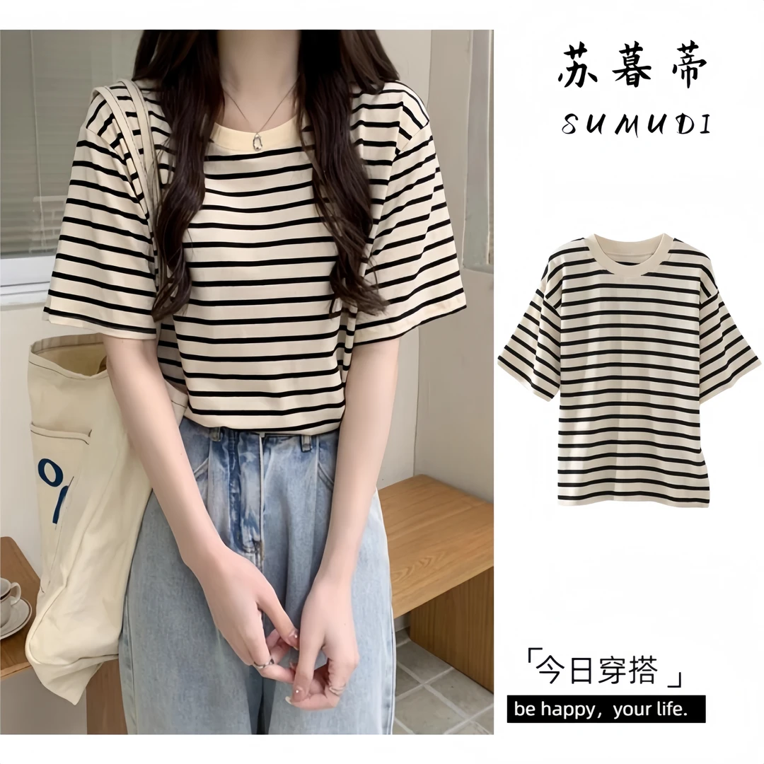 圆领短袖条纹T恤女宽松夏季新款设计感小众正肩纯棉港味chic上衣