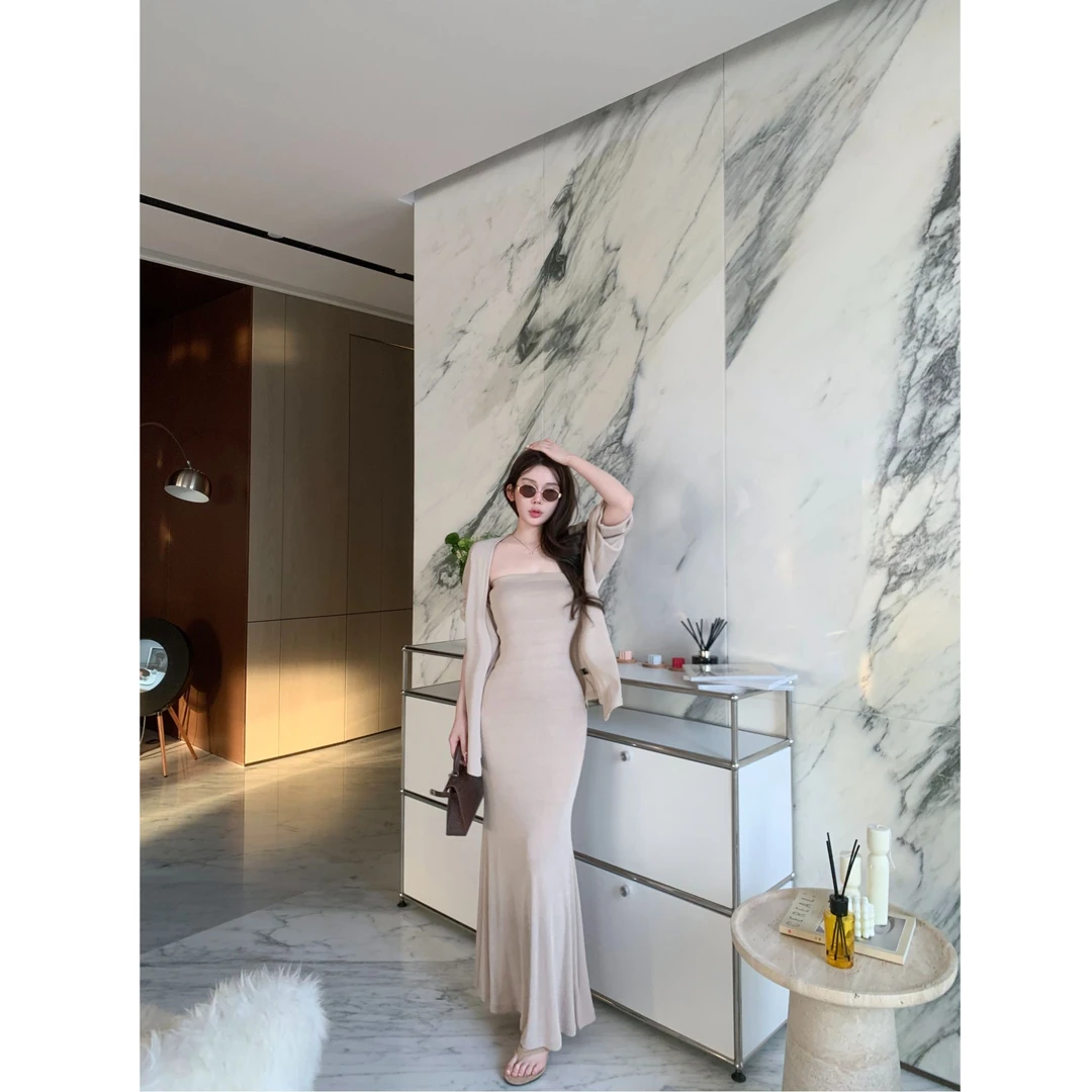 媛媛【隐身云间】韩版新款简约长款针织显瘦气质套装#TZ0677