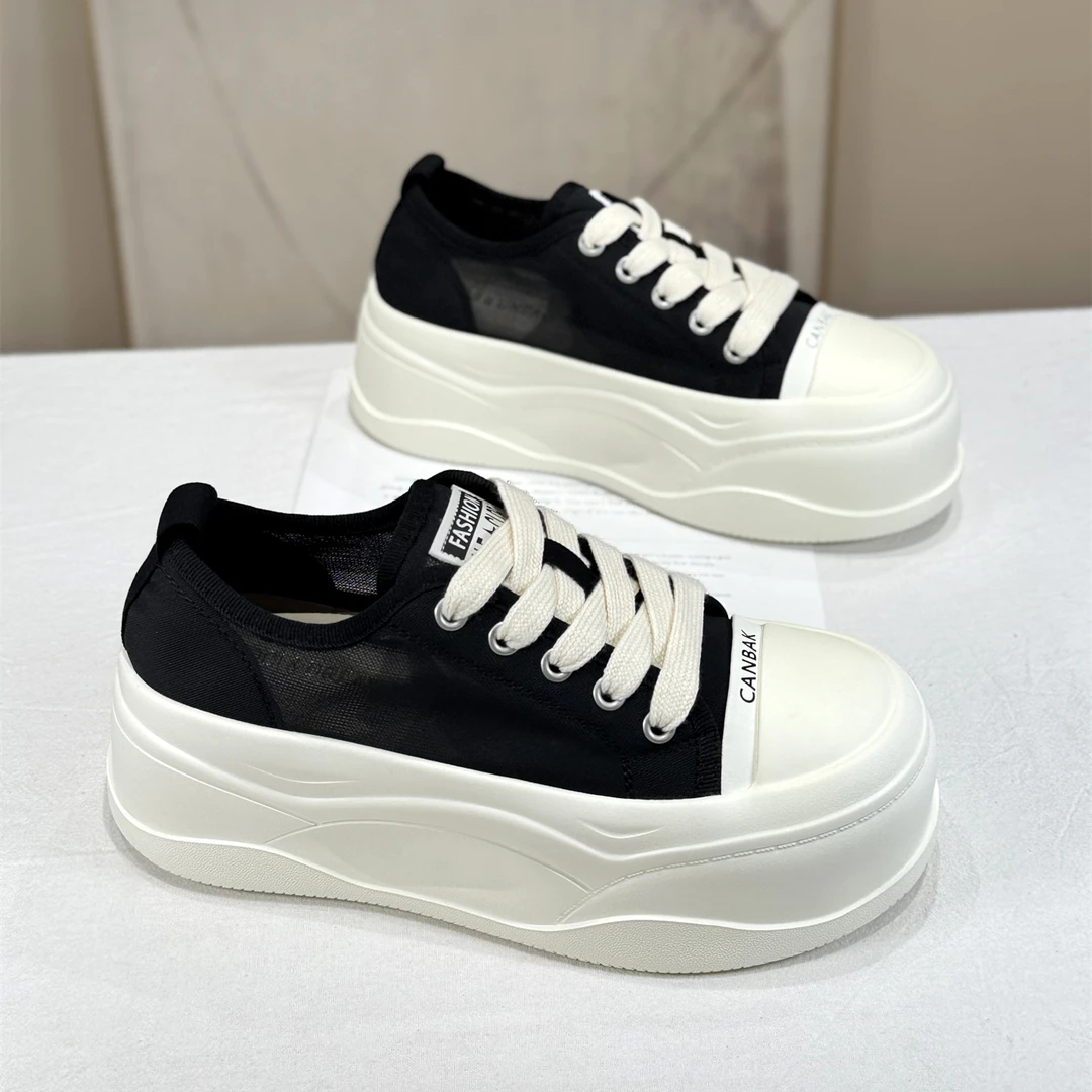 韩版网纱透气松糕摇摇板鞋女2025新款夏季厚底镂空休闲百搭小白鞋