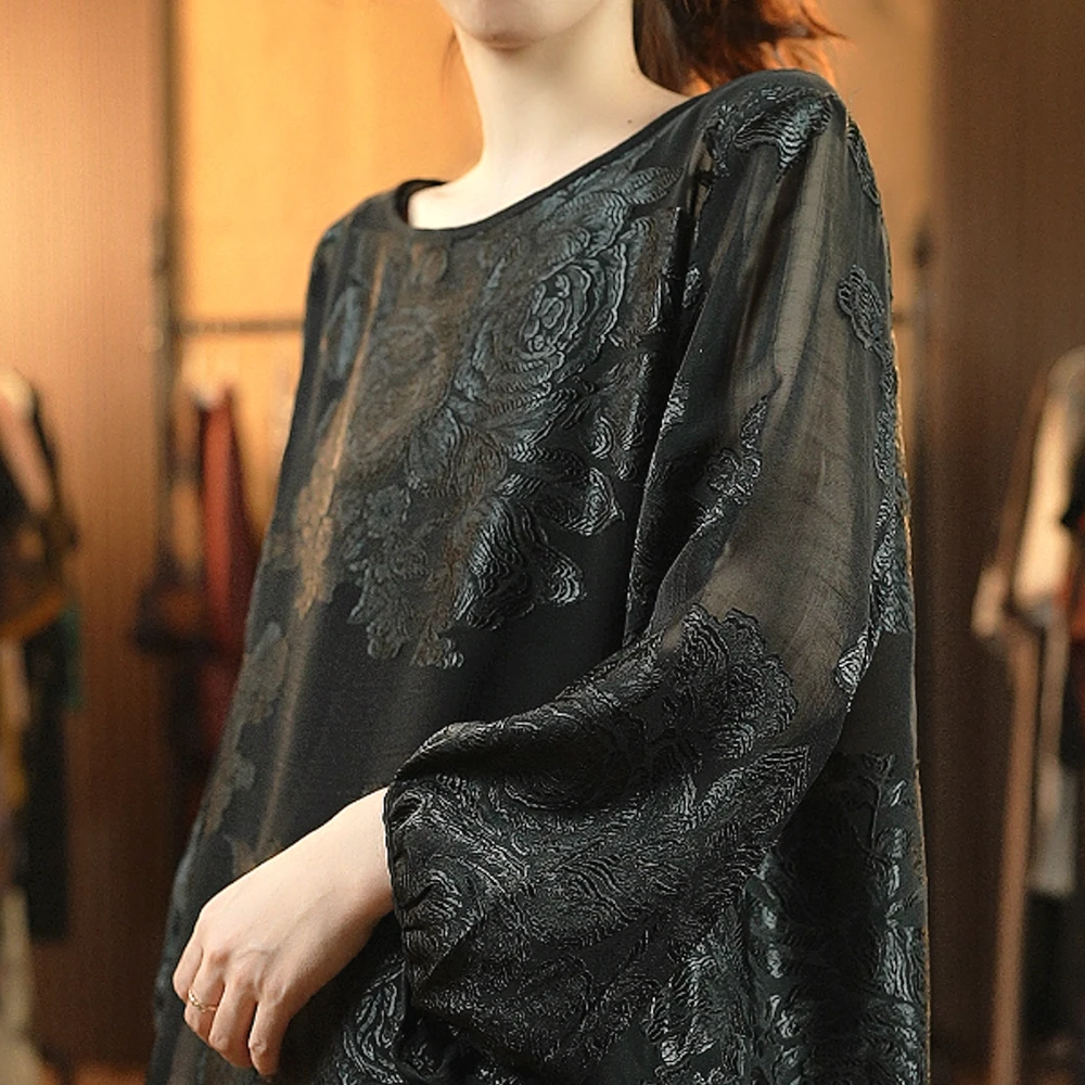 【白雪.荐选】桑蚕丝花开富贵黑上衣百搭时尚衬衫遮肉显瘦上衣k214