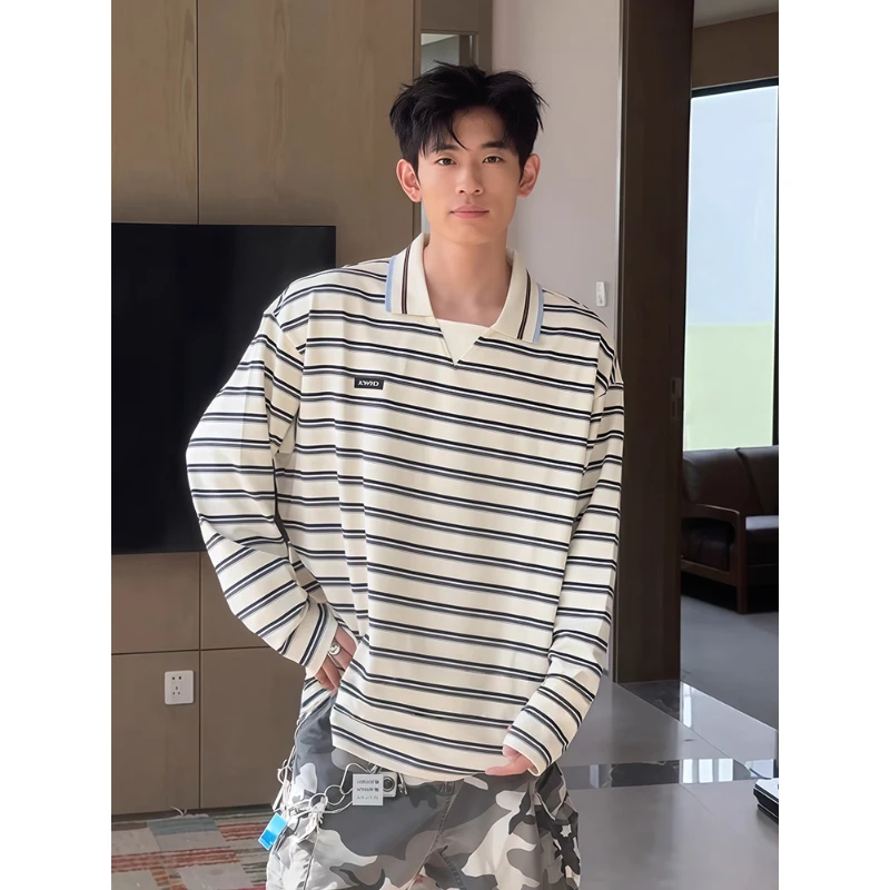 陈伟霆同款条纹长袖T恤男款秋季上衣美式复古慵懒松弛感v领polo衫