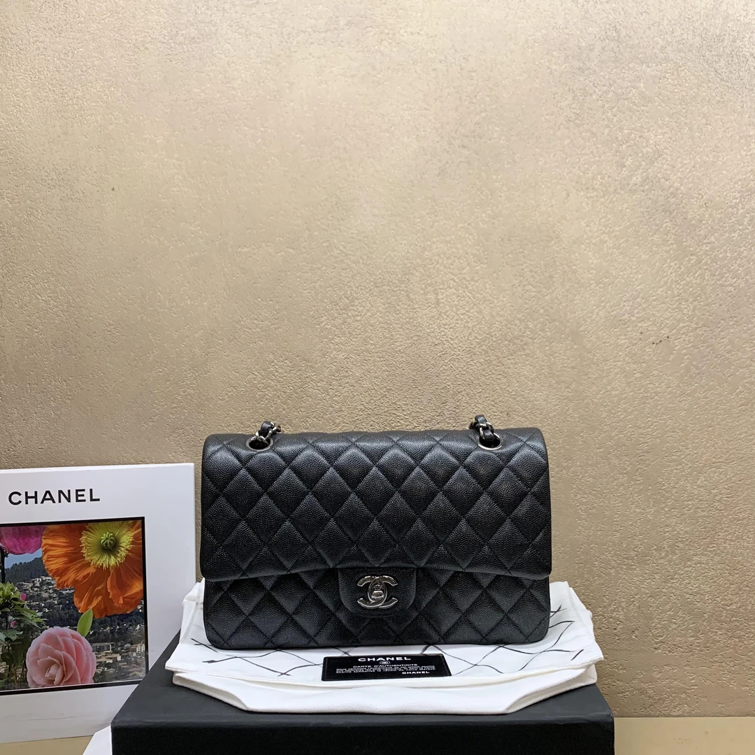 99新 Chanel/香奈儿 壹臻/珠光黑银荔枝cf中号单肩包14512862