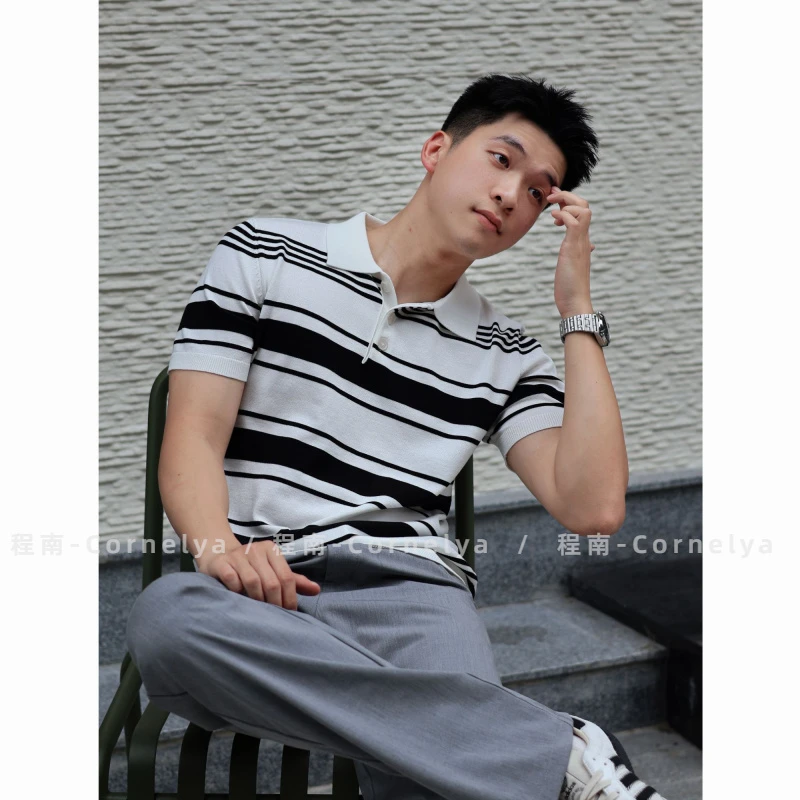 C / Cornelya 裸肤感’高弹冰爽丝经典撞色POLO衫条纹针织休闲短袖