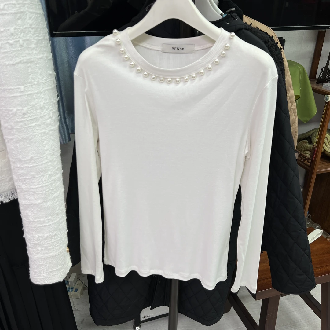 修身型白色珍珠T恤吸汗轻职风圆领标准针织长袖常规袖简约风