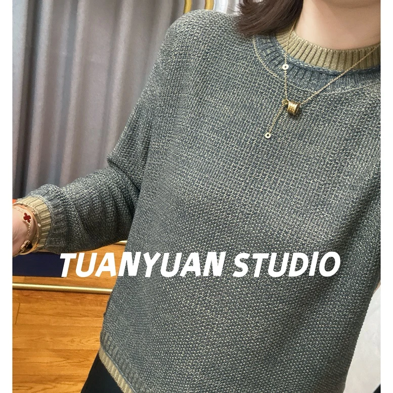 星空棉）复古圆领双色领套头针织衫秋冬新款遮肚宽松打底百搭上衣