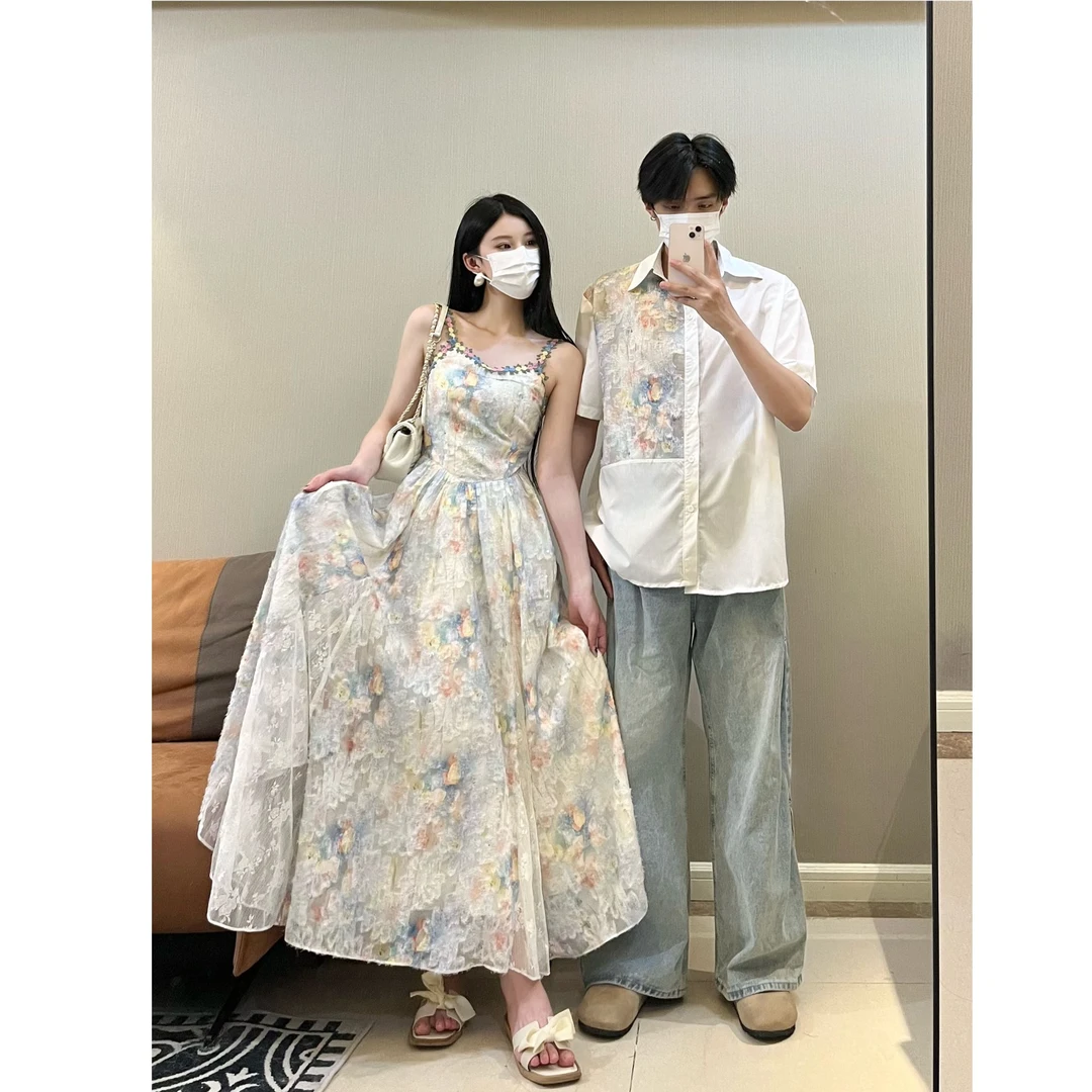情侣装瑞丽风收腰气质显瘦温柔复古碎花女连衣裙开衫男短袖衬衫潮