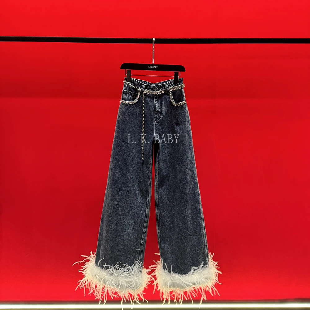 【L.K.BABY】长腿美媚 时髦辣妹复古水洗垂感羽毛阔腿牛仔裤