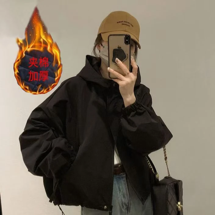 连帽外套加厚保暖冬季加棉松紧可调节下摆夹棉学生百搭短款ins