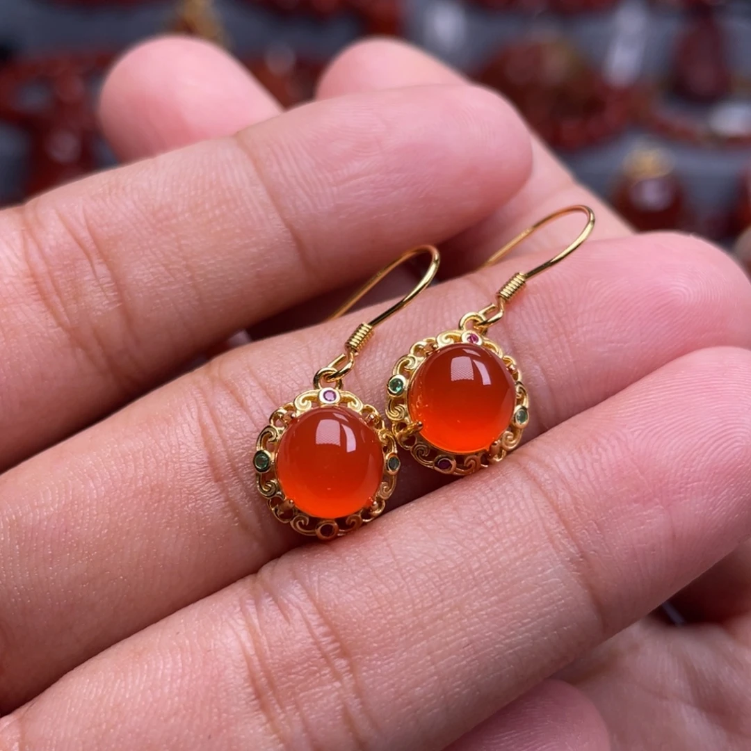 南红玛瑙银S925镶嵌珠宝奇石耳环