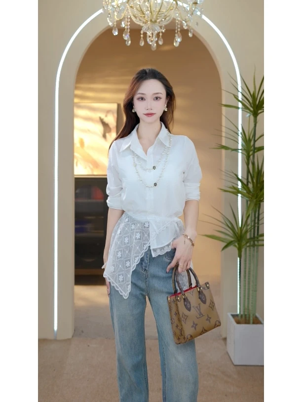 C003 设计感蕾丝衬衫+披肩减龄休闲长袖衬衫上衣女显瘦时尚2025