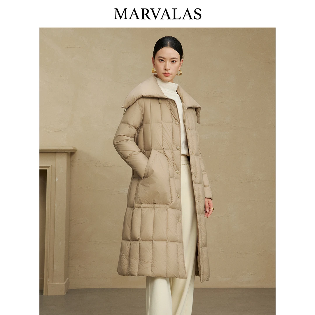 曼德诗鹅绒服冬季新款纯色大翻领设计长款保暖羽绒外套