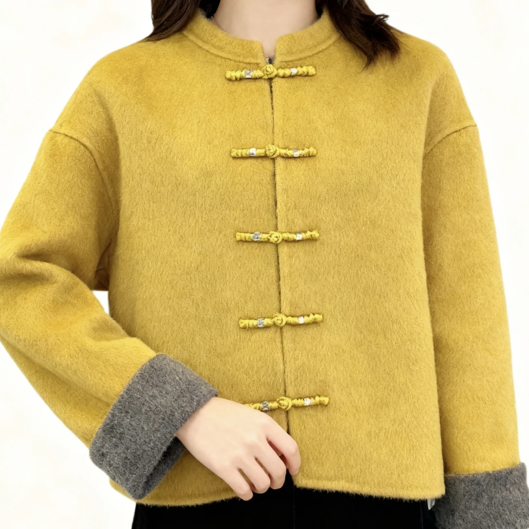 380009新中式国风短款气质复古盘扣双面呢外套女