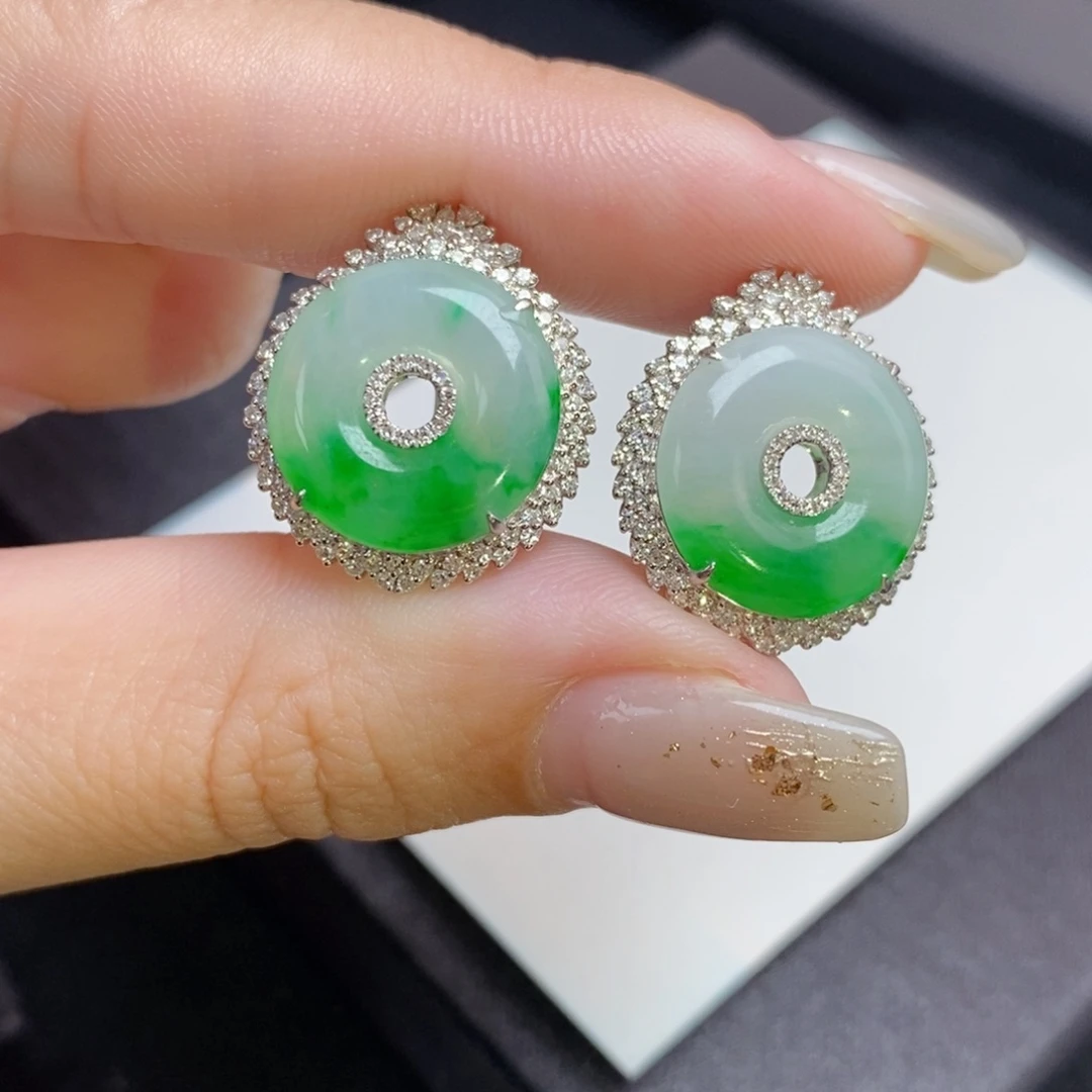 翡翠18K金镶嵌耳饰甜甜圈