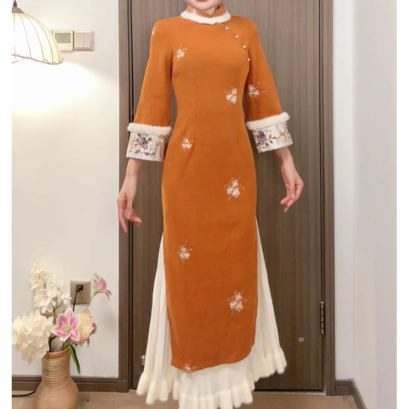 苏故里【南风谷】加绒秋冬文艺显瘦新中式日常旗袍气质衣长120