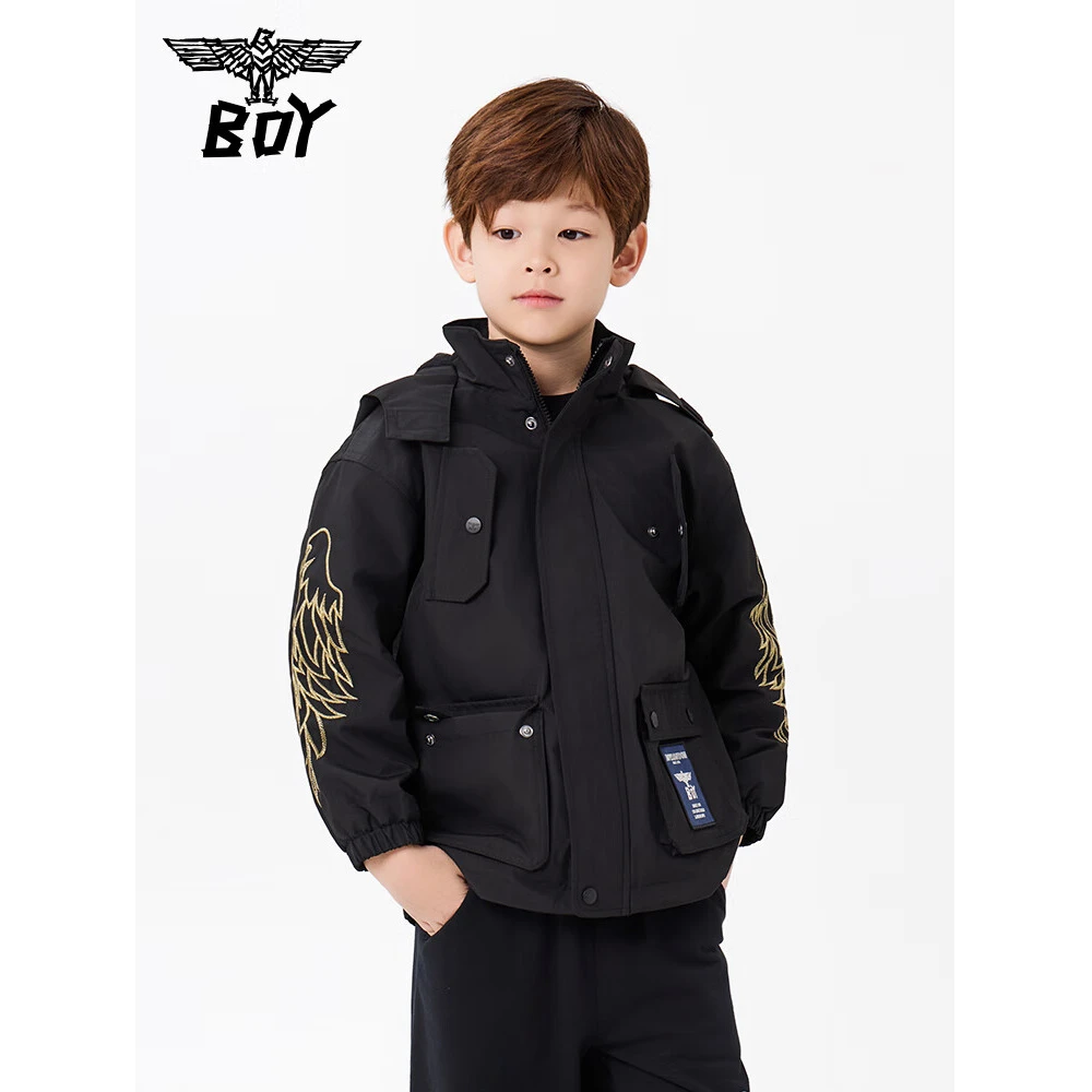 BOY JUNIOR潮牌童装秋季梭织外套宽松工装口袋立体logo装饰连帽外