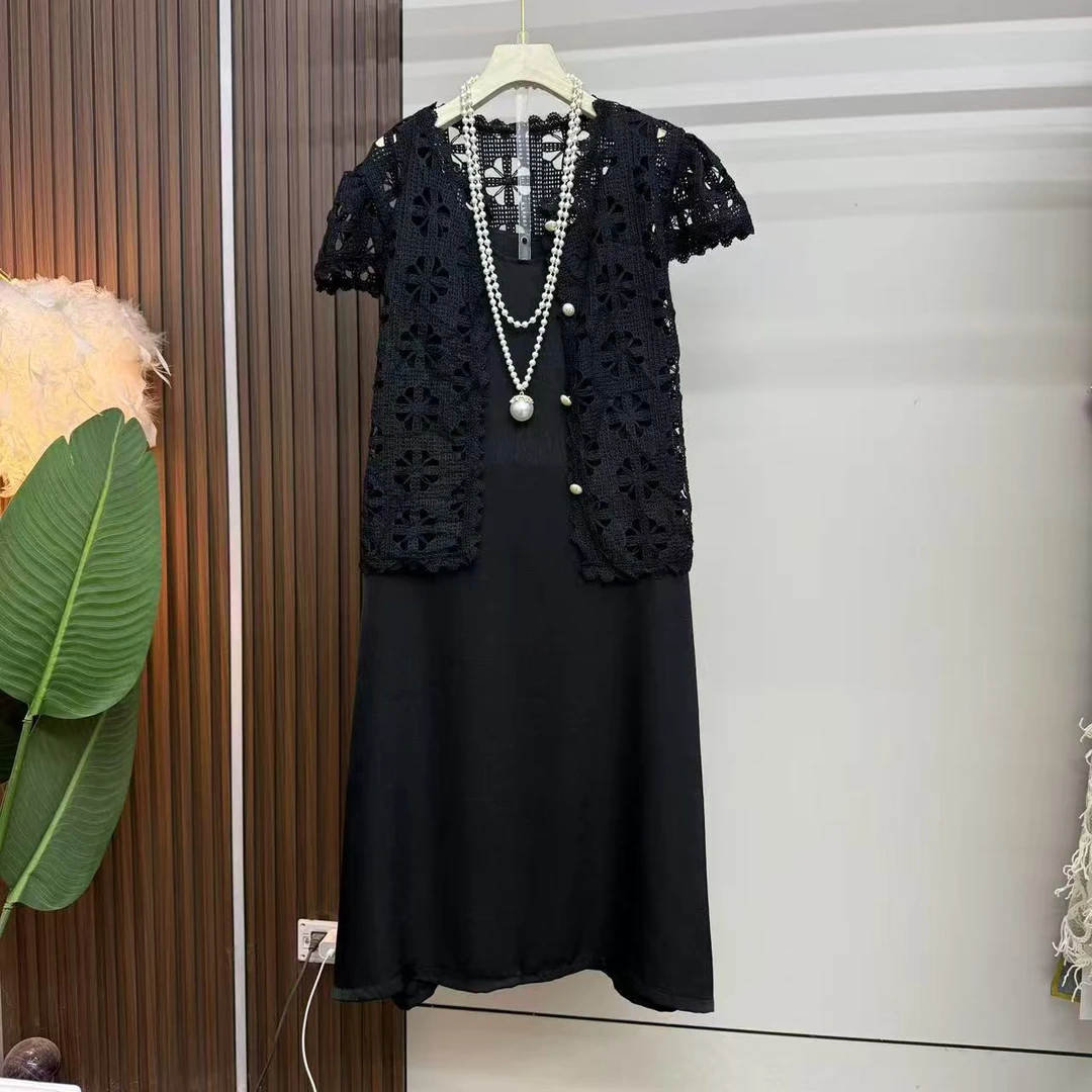 欧洲站气质镂空时尚外披上衣时尚百搭气质宽松连衣裙套装7148
