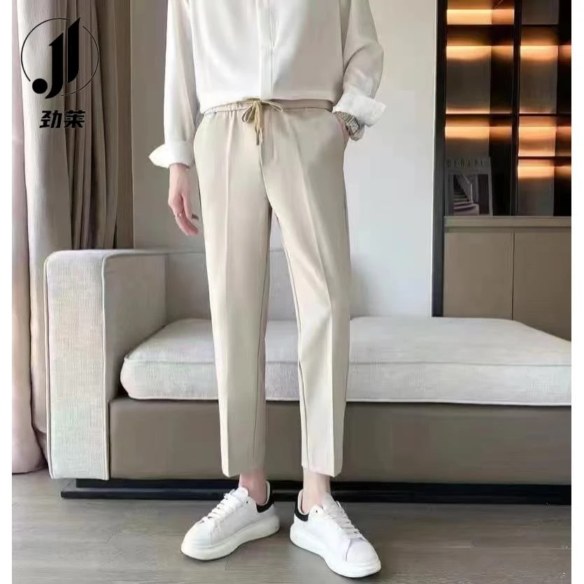 春夏季垂感免烫修身九分西裤男士韩版潮流轻熟风小直筒系带休闲裤