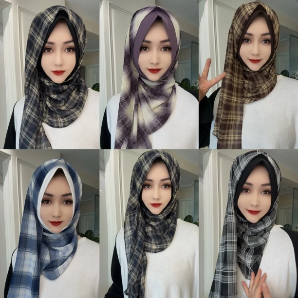 B节日福利格子雪纺拼接绕巾