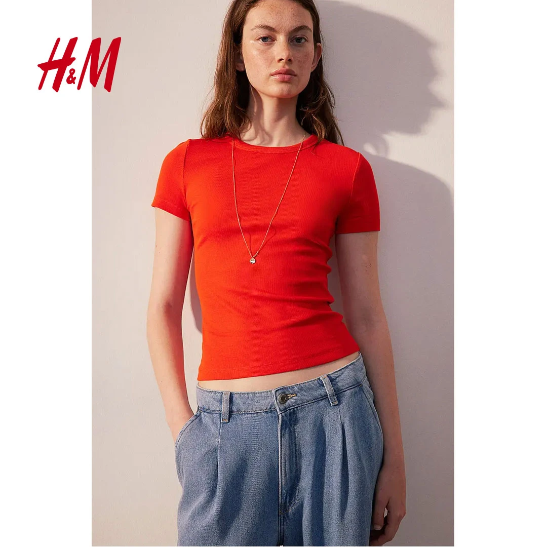 HM女装T恤夏季女流光风柔软舒适修身休闲直筒圆领短袖上衣1157799