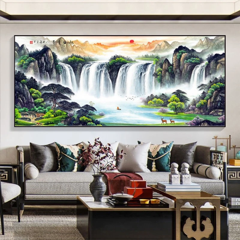 旭日东升山水画办公室字画风水靠山挂画客厅装饰沙发背景壁画