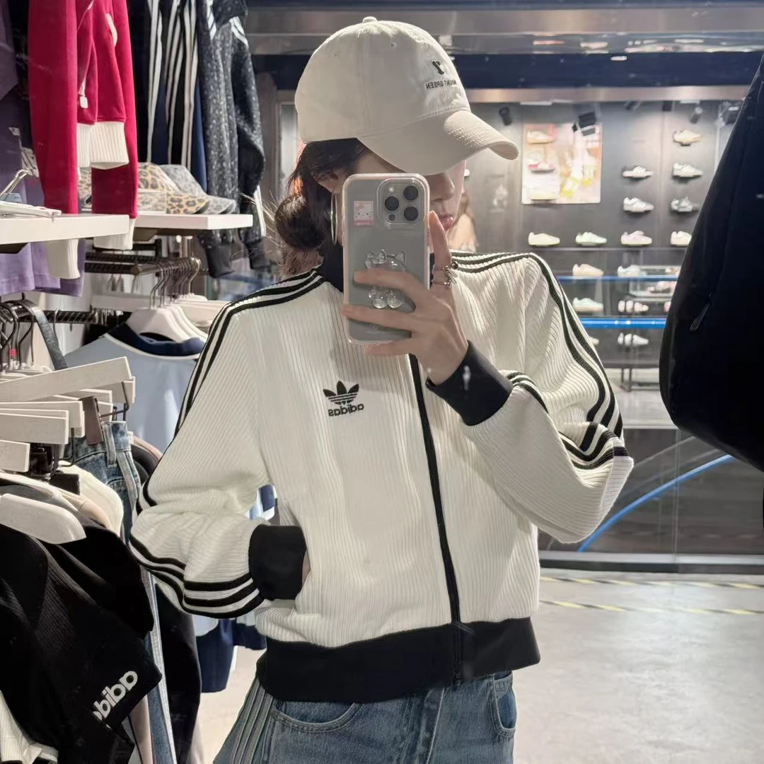 adidas三叶草华夫格针织运动宽松夹克短款外套 KC2649 KC2650