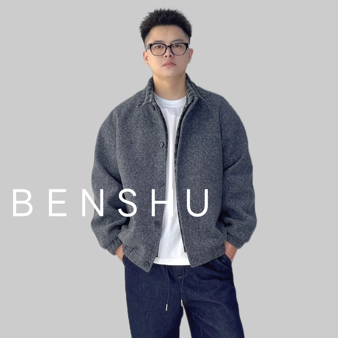 BNSU本述羊毛呢子夹克外套假两件秋冬休闲舒适痞帅翻领外套25116