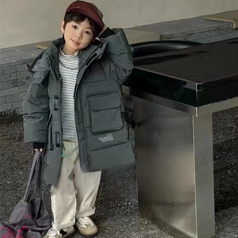 R儿童2024冬季字母时尚连帽中长款棉服A2912