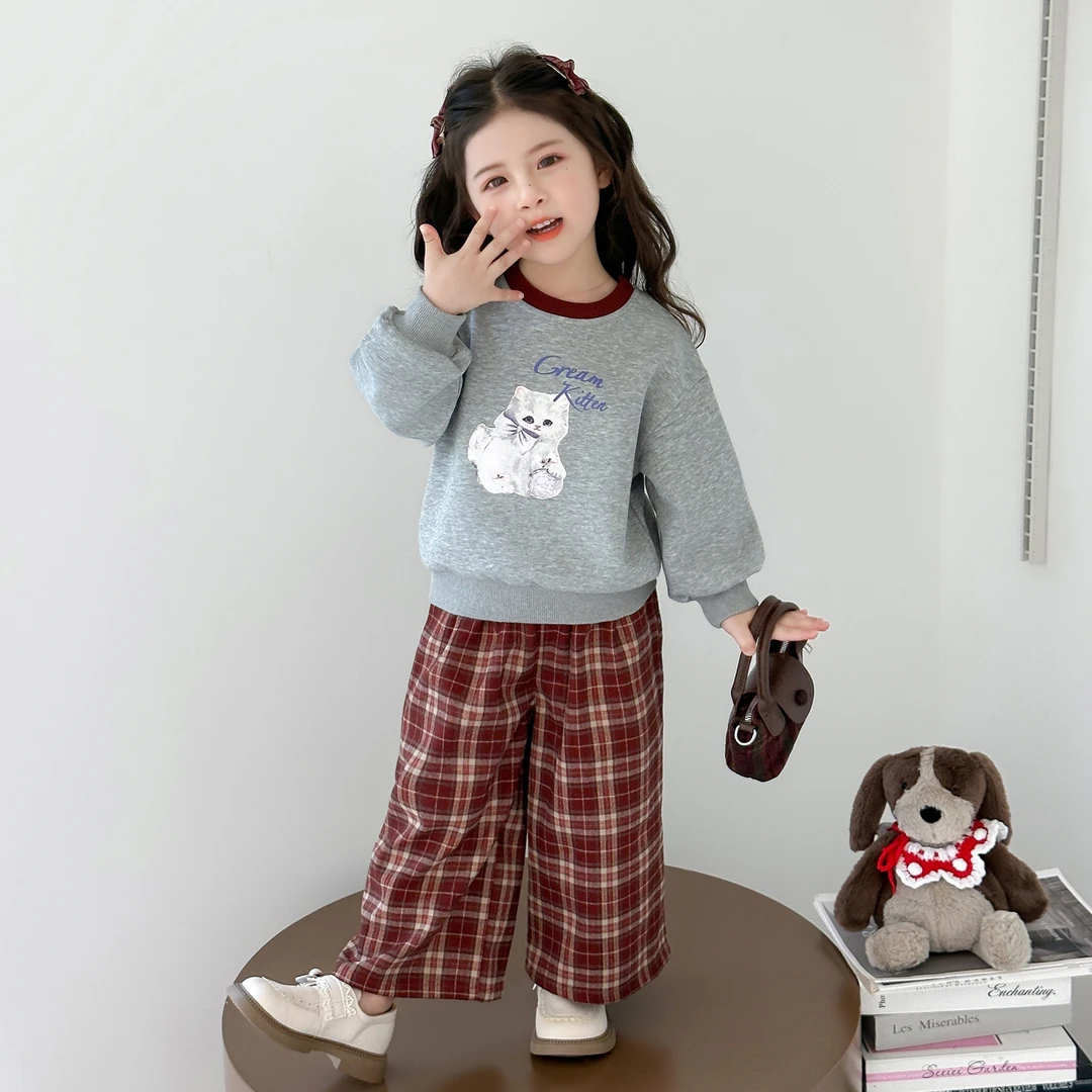 【25秋季上新】女童英伦风格子卫衣套装韩版秋装简约卡通休闲两件套