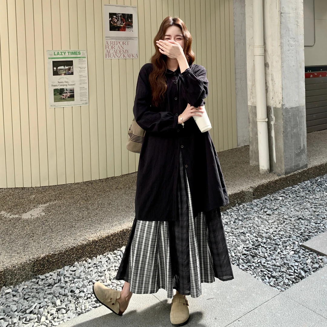 文艺叠穿马甲衬衫裙拼接半身裙套装女2025秋季洋气复古两件套气质