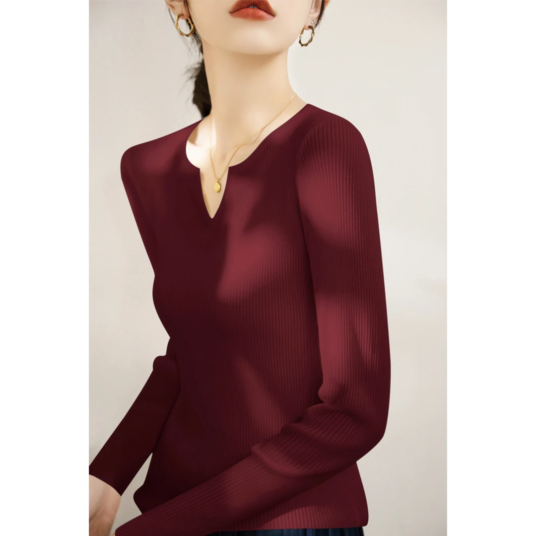 2025年新款V领套头时尚打底毛衣女秋冬季长袖修身百搭内搭针织衫