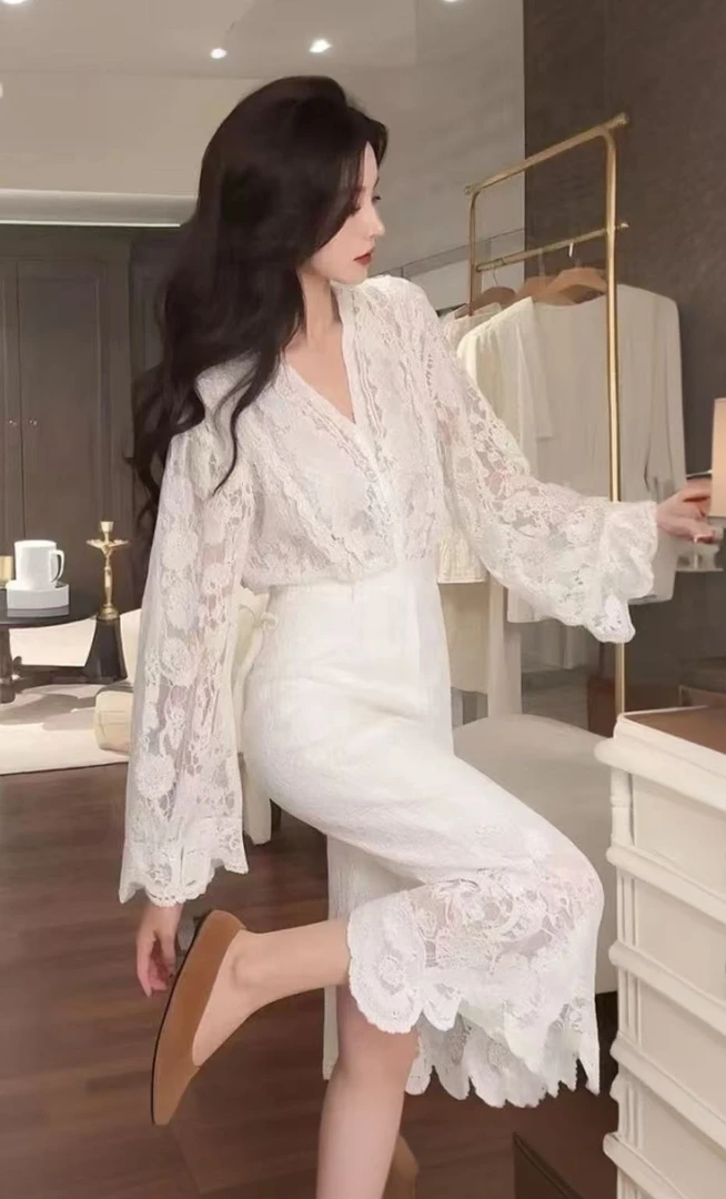 SS959富家千金感轻奢高级感名媛高端小香风白色蕾丝衬衫套装裙