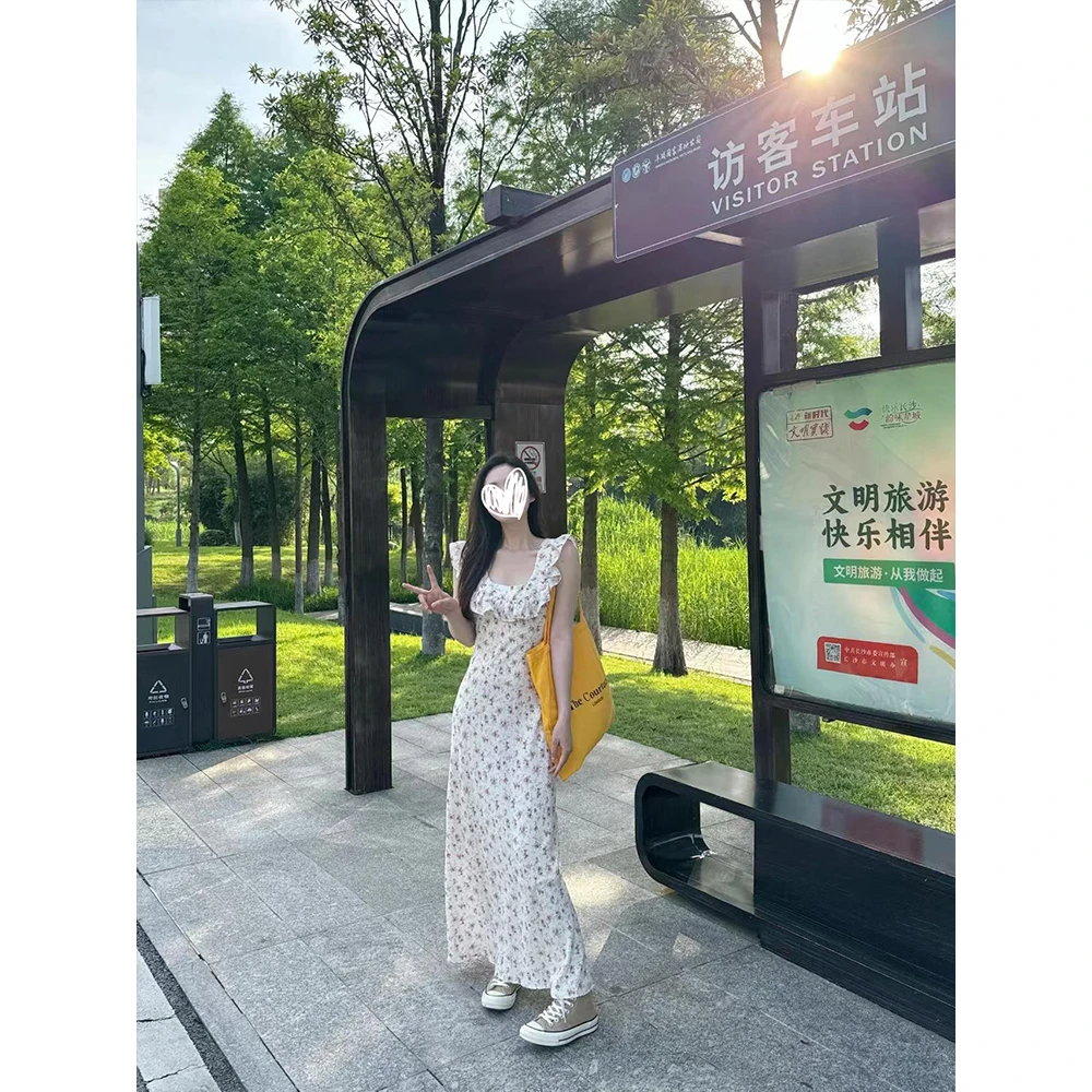 法式荷叶边碎花茶歇连衣裙女度假风飞飞袖收腰系带长裙 D8148