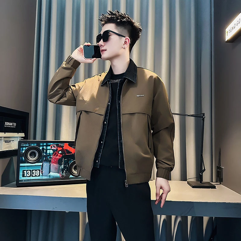 假两件牛仔拼接夹克男士春秋季爆款2025新款潮牌痞帅休闲翻领外套