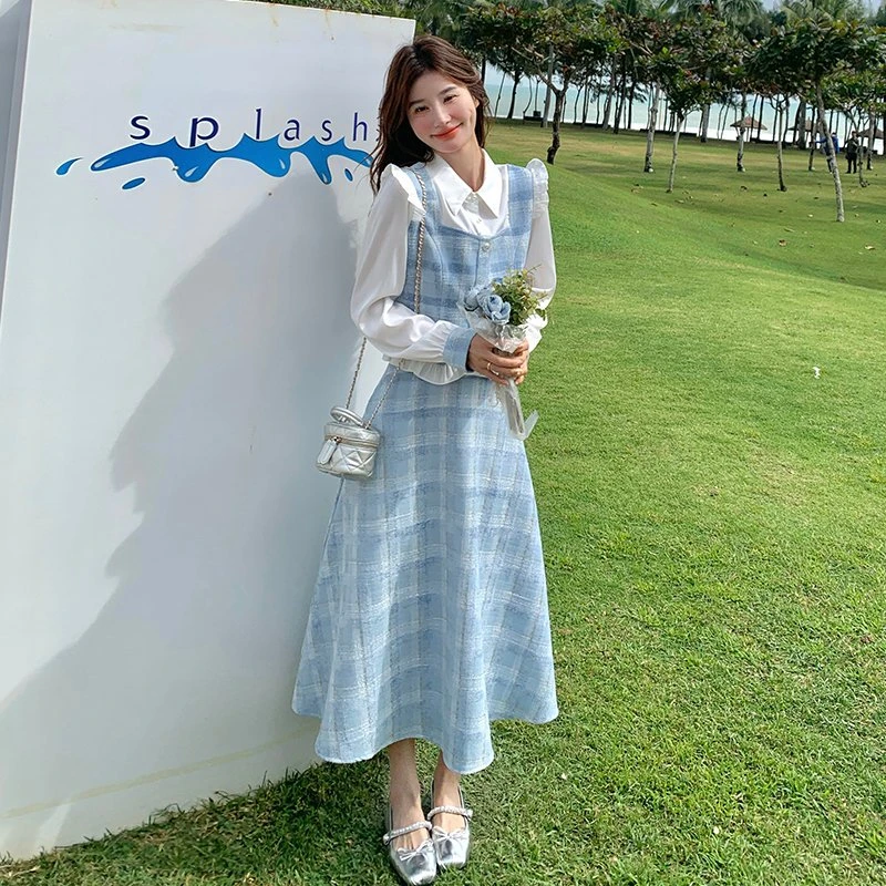 蓝色格子小香风套装裙女春秋2025年新款高级感超火网红爆款两件套