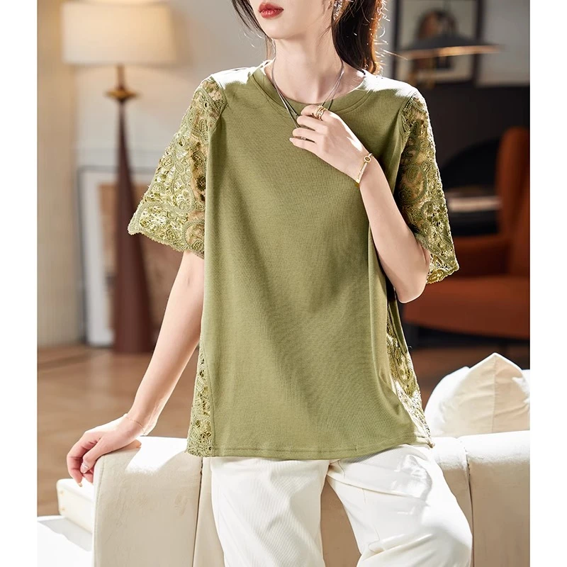 蝙蝠袖蕾丝镂空短袖T恤女2025年夏季新款大码宽松设计感拼接上衣