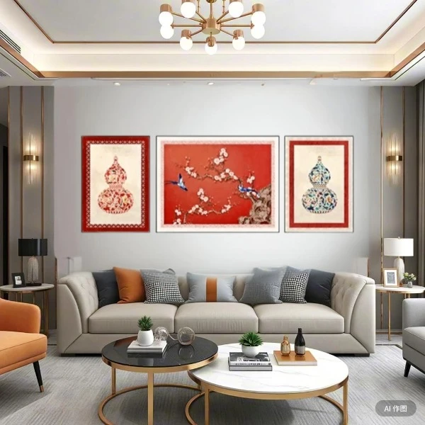客厅沙发背景墙喜庆高档轻奢现代装饰挂画三联新中式美式风格
